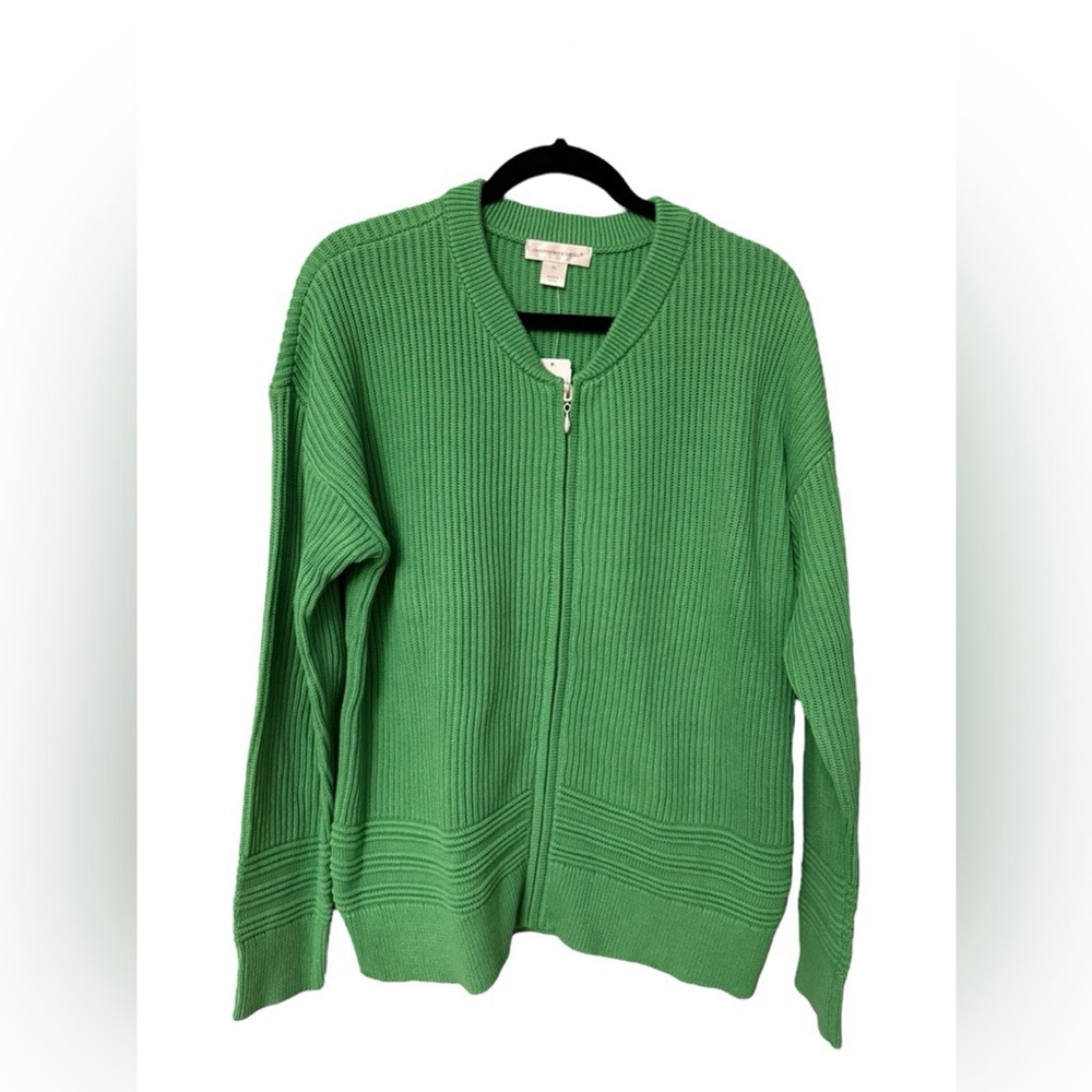 Christopher & Banks XL Cotton Zip Cardigan Sweater Green Ribbed Knit NWT